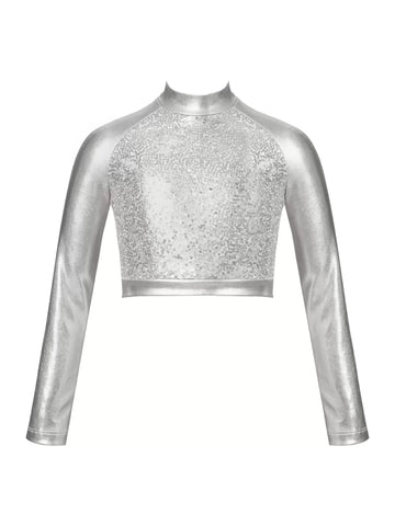 Kids Girls Long Sleeve Metallic Sequin Dance Crop Top Jazz T-shirt