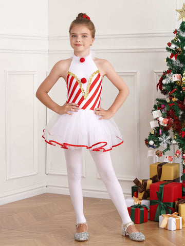 Girls Christmas Costume Candy Cane Striped Tutu Dress Leotatd