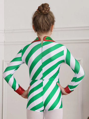 Girls Christmas Candy Cane Costume One Piece Striped Leotard Jumpsuit