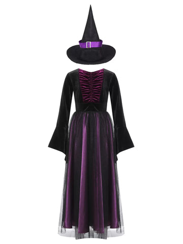 Girls Witch Costume Velvet Long Dress with Hat for Halloween Party