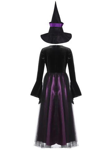 Girls Witch Costume Velvet Long Dress with Hat for Halloween Party