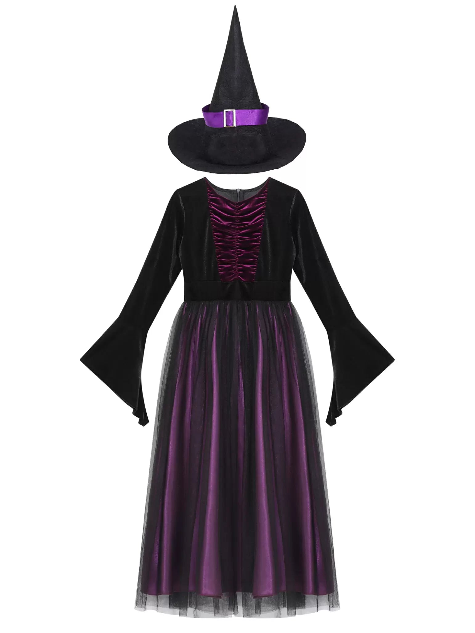 Girls Witch Costume Velvet Long Dress with Hat for Halloween Party