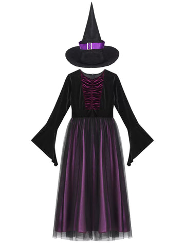 Girls Witch Costume Velvet Long Dress with Hat for Halloween Party