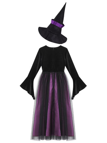 Girls Witch Costume Velvet Long Dress with Hat for Halloween Party