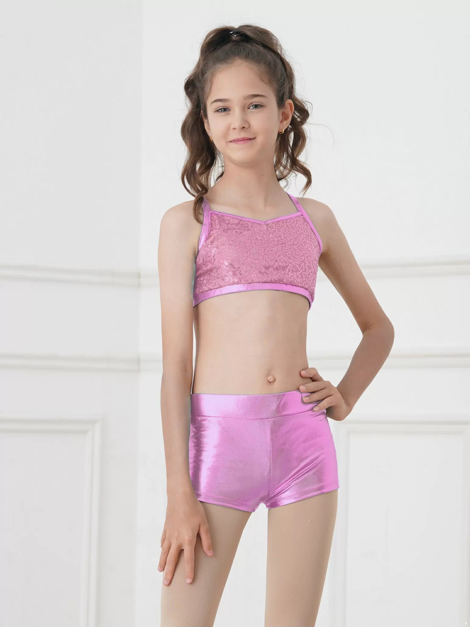 Débardeur à paillettes pour filles, 2 pièces, ensemble pour entraînement de gymnastique et de danse de ballet