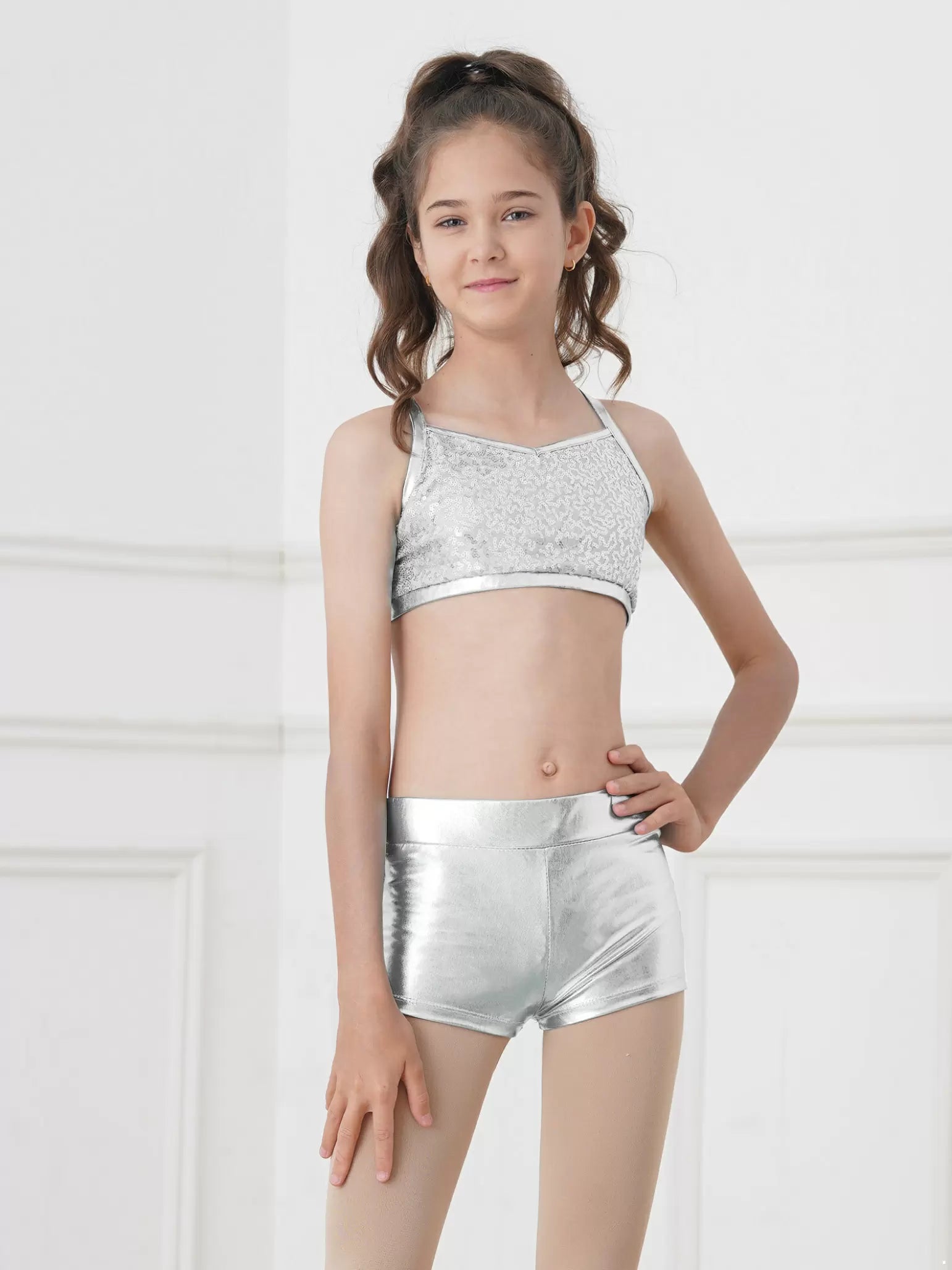 Girls 2PCS Sequins Tank Crop Top with Set for Ballet Dance Gym Workout