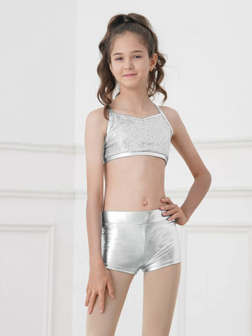 Débardeur à paillettes pour filles, 2 pièces, ensemble pour entraînement de gymnastique et de danse de ballet