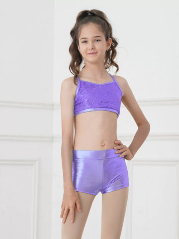 Débardeur à paillettes pour filles, 2 pièces, ensemble pour entraînement de gymnastique et de danse de ballet