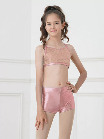 Débardeur à paillettes pour filles, 2 pièces, ensemble pour entraînement de gymnastique et de danse de ballet