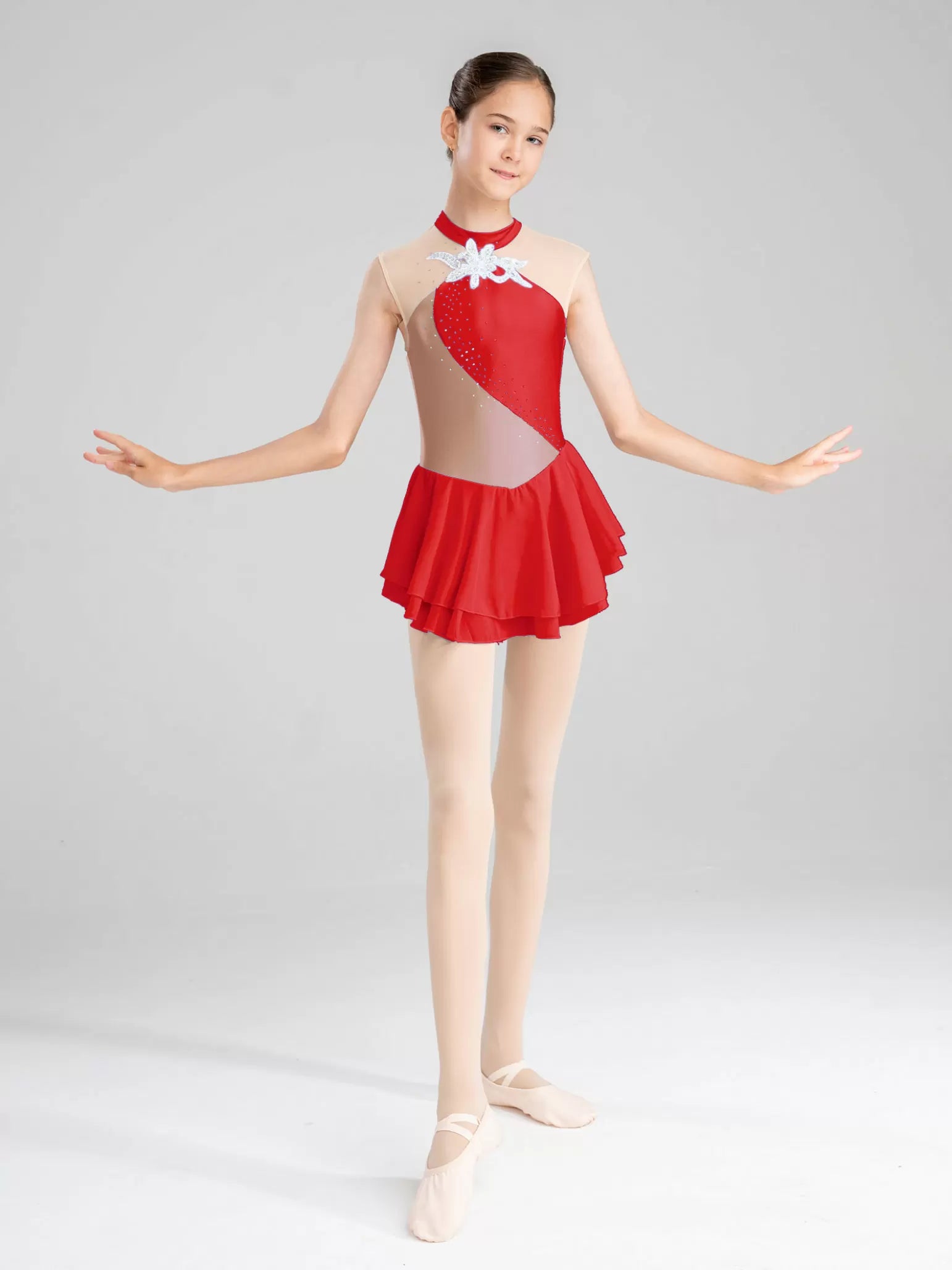 Girls Rhinestone Color Block Figure Ice Skating Gymnastic Dance Dress