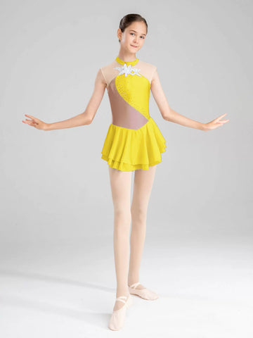 Robe de danse de gymnastique de patinage sur glace de bloc de couleur de strass de filles