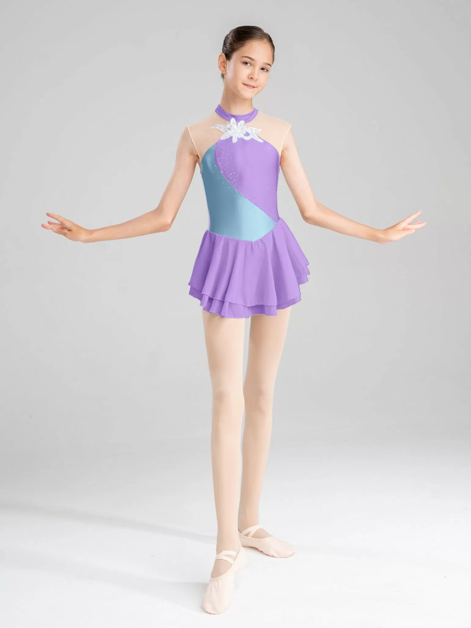 Girls Rhinestone Color Block Figure Ice Skating Gymnastic Dance Dress