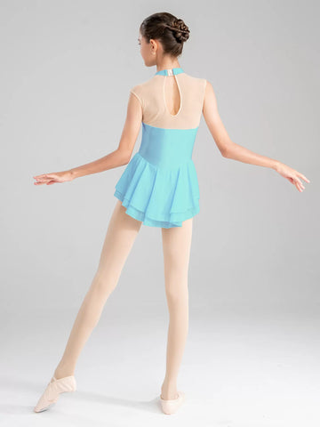 Robe de danse de gymnastique de patinage sur glace de bloc de couleur de strass de filles