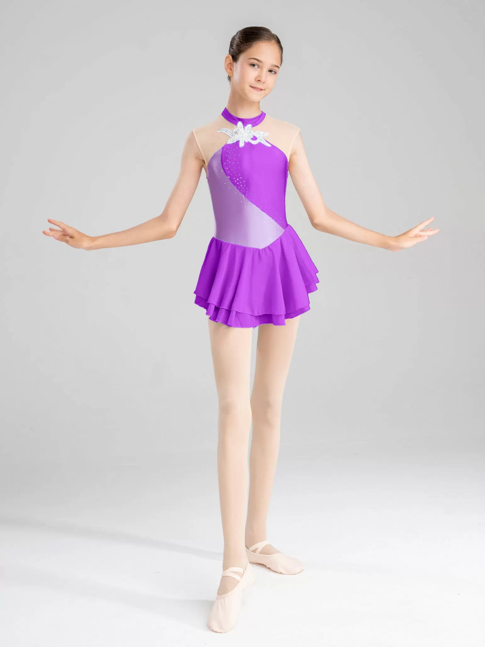 Robe de danse de gymnastique de patinage sur glace de bloc de couleur de strass de filles