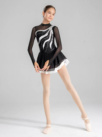 Girls Rhinestone Long Sleeve Figure Skating Dance Dress Competition