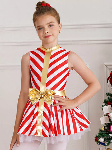 Girls Christmas Candy Cane Costume Xmas Dance Stage Performance Dress