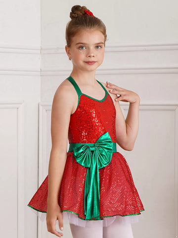 Girls Sequins Christmas Dance Figure Ice Skating Tutu Dress Leotard