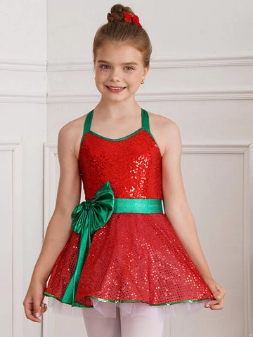 Girls Sequins Christmas Dance Figure Ice Skating Tutu Dress Leotard