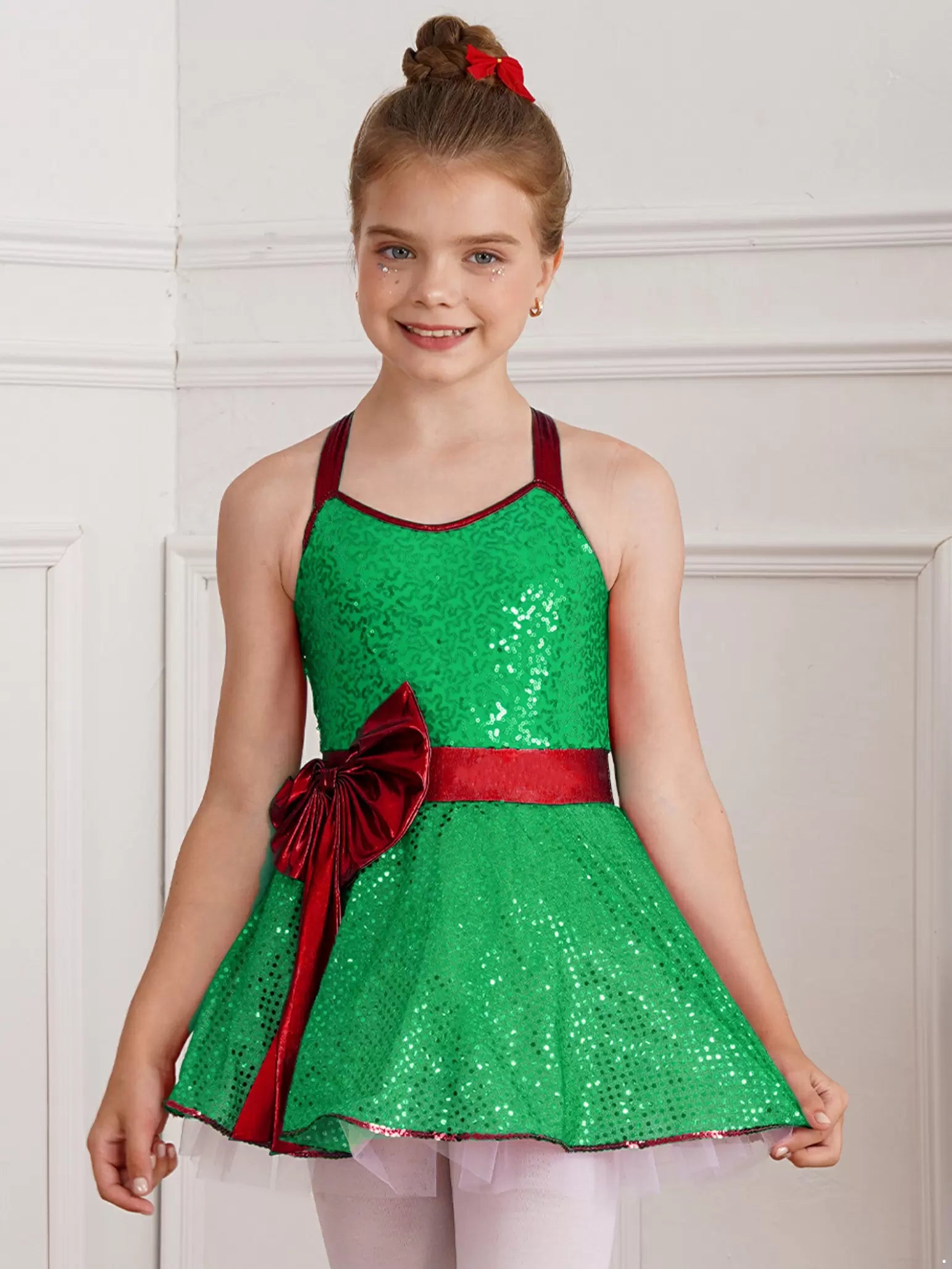 Girls Sequins Christmas Dance Figure Ice Skating Tutu Dress Leotard