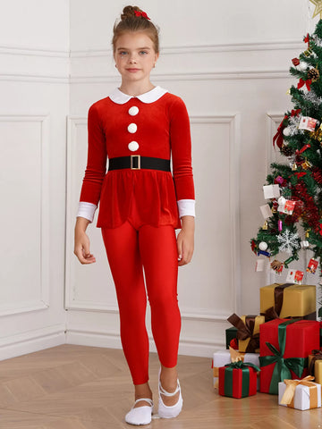 Girls Christmas Costume Mrs Santa Claus Jumpsuit for Cosplay Party