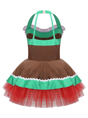 Girls Christmas Gingerbread Man Costume Xmas Dance Tutu Dress