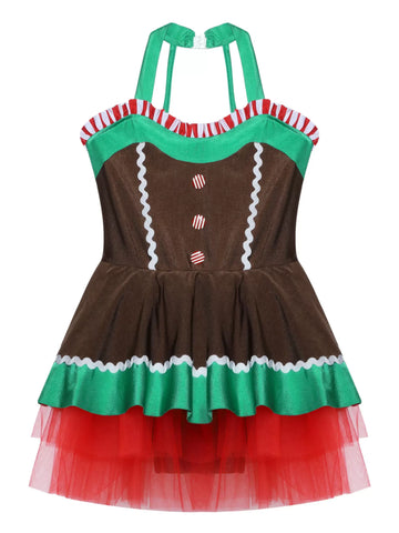 Girls Christmas Gingerbread Man Costume Xmas Dance Tutu Dress