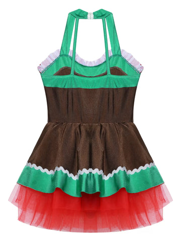 Girls Christmas Gingerbread Man Costume Xmas Dance Tutu Dress