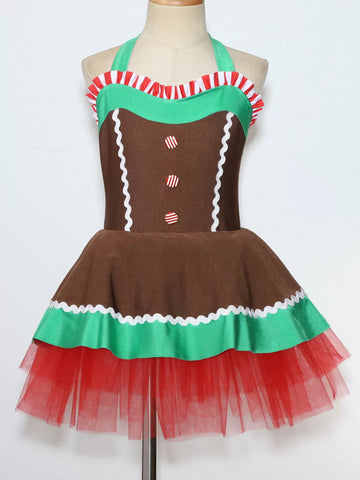 Girls Christmas Gingerbread Man Costume Xmas Dance Tutu Dress