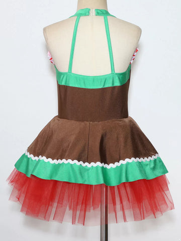 Girls Christmas Gingerbread Man Costume Xmas Dance Tutu Dress