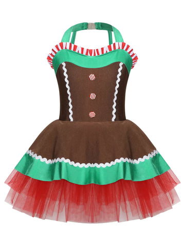 Girls Christmas Gingerbread Man Costume Xmas Dance Tutu Dress