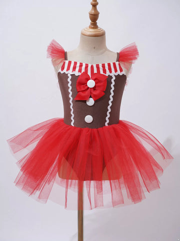 Girls Gingerbread Man Costume Christmas Dance Tutu Dress Leotard