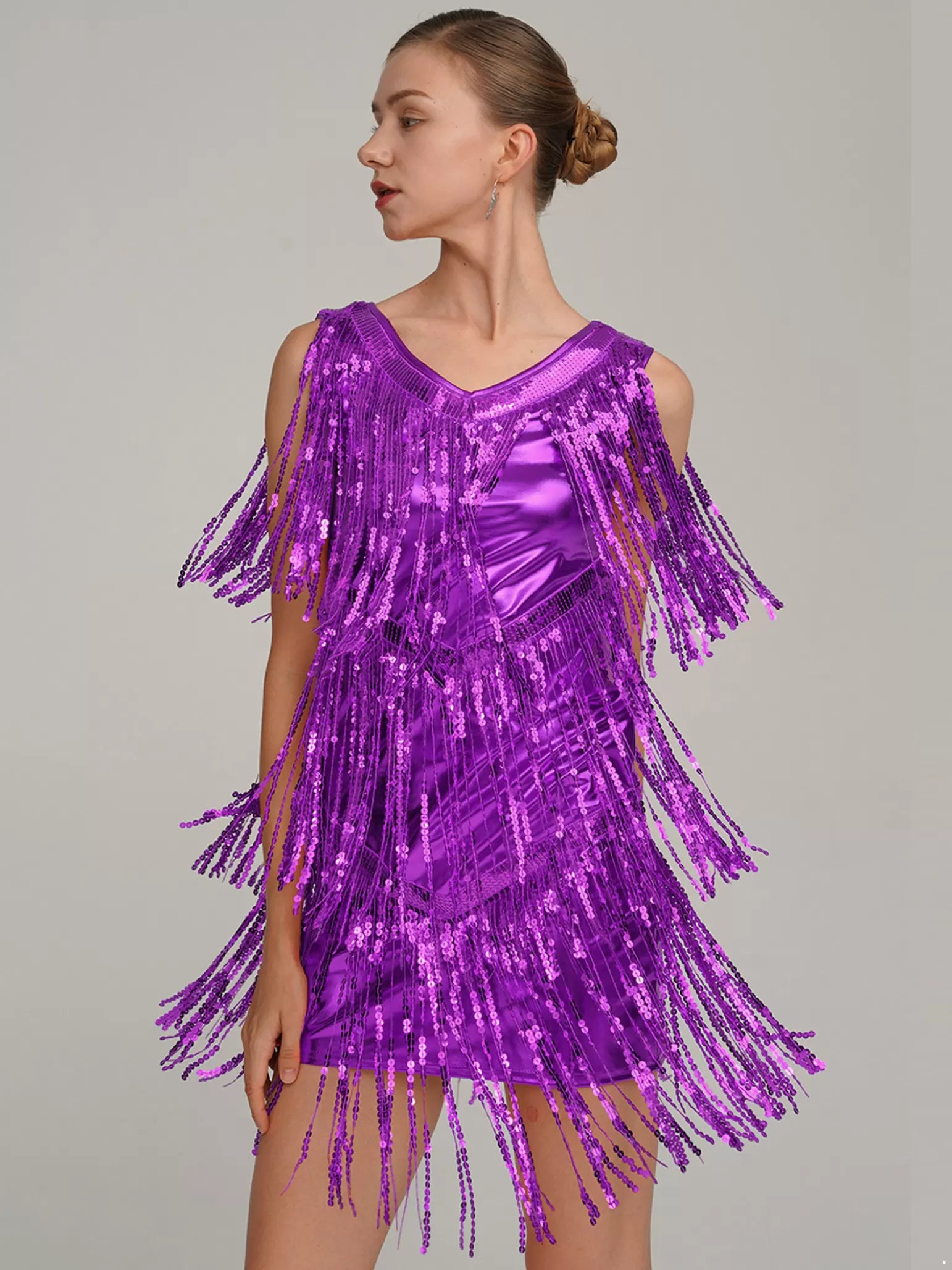 Women Sparkling Sequin Tassels Latin Dance Dress