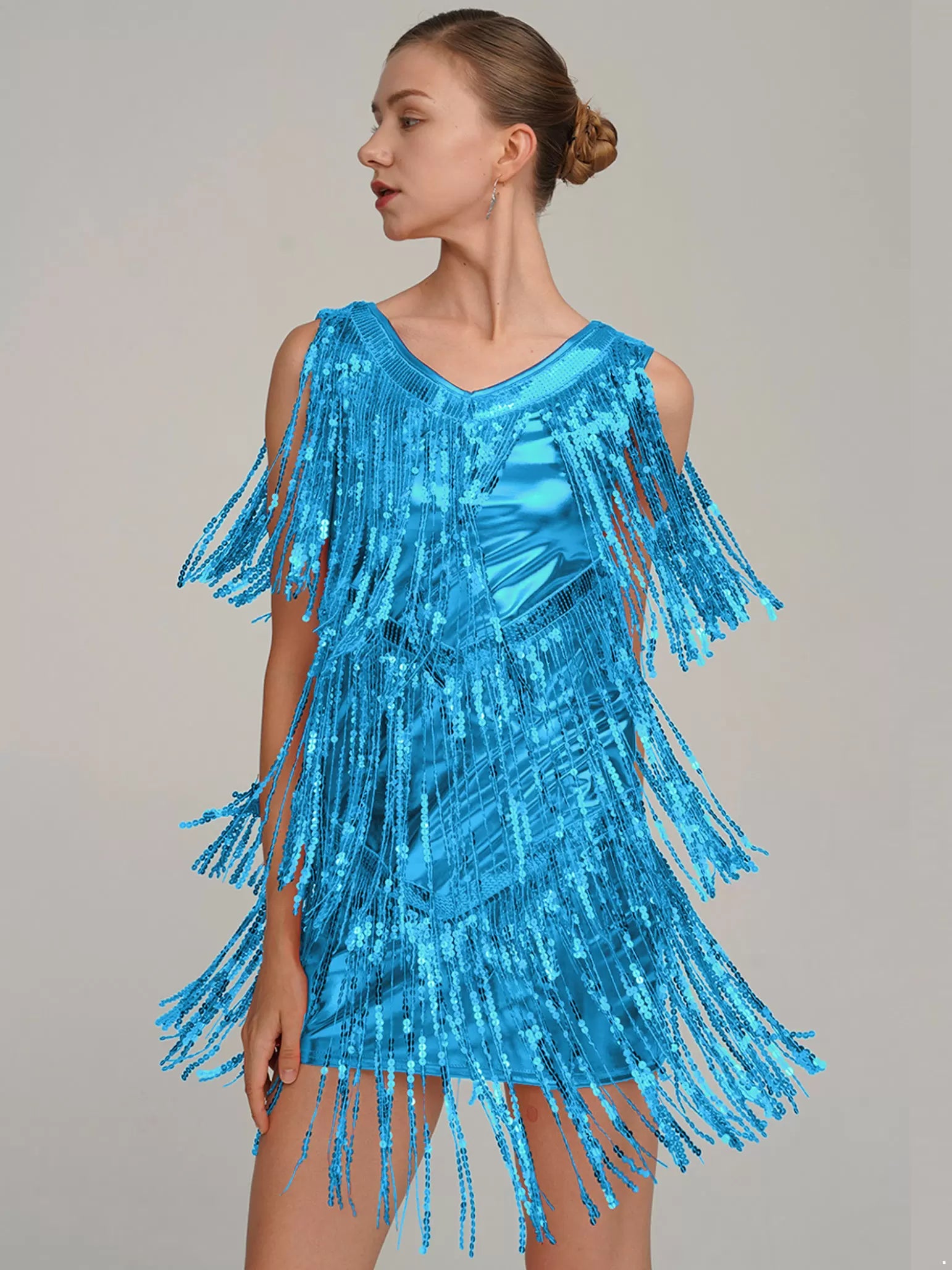 Women Sparkling Sequin Tassels Latin Dance Dress