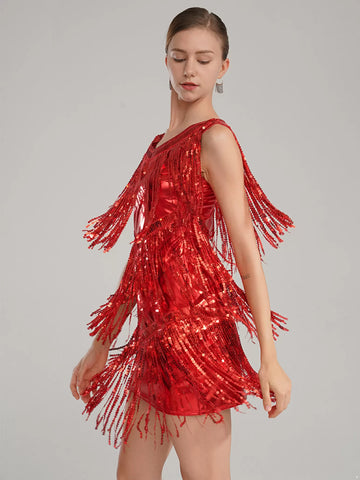 Women Sparkling Sequin Tassels Latin Dance Dress