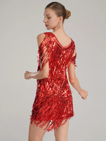 Women Sparkling Sequin Tassels Latin Dance Dress