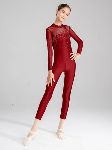 Kids Girls Long Sleeve Figure Skating Jumpsuit Unitard Dance Leotard