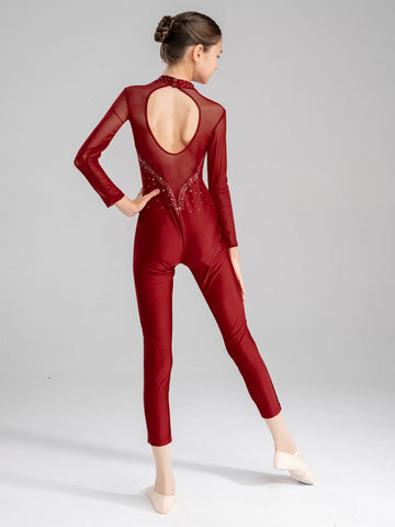 Kids Girls Long Sleeve Figure Skating Jumpsuit Unitard Dance Leotard