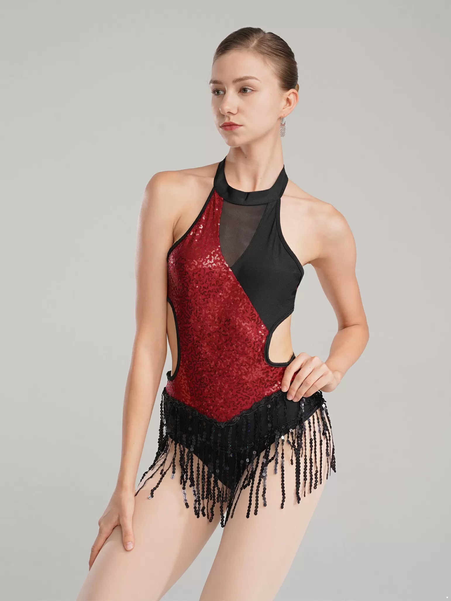 Robe de danse latine à franges et paillettes pour femmes