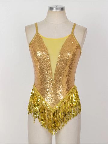 Women's Shiny Sequins Tassel Latin Jazz Dance Leotard Bodysuit