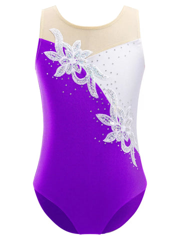 Kids Girls Sleeveless Floral Rhinestone Ballet Dance Gymnastic Leotard