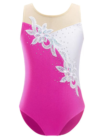 Kids Girls Sleeveless Floral Rhinestone Ballet Dance Gymnastic Leotard