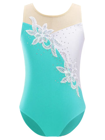 Justaucorps de gymnastique de danse de Ballet en strass floral sans manches pour enfants filles