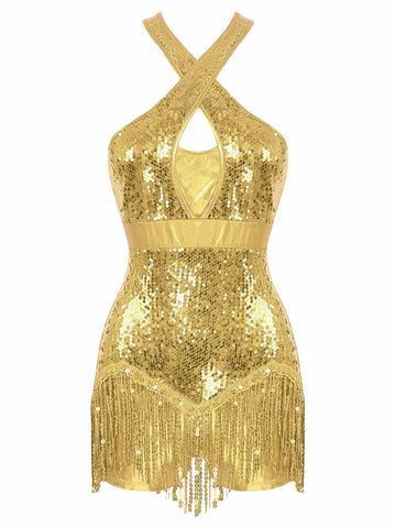 Women Sparkling Sequins Fringed Leotard Tassel Latin Dance Dress