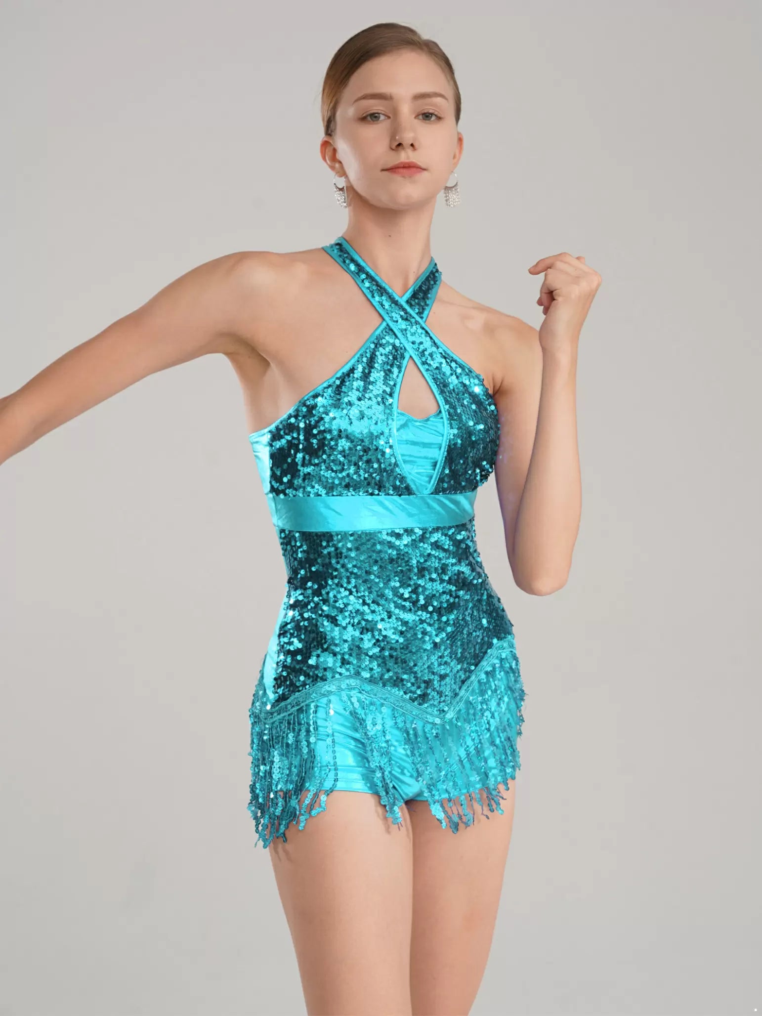 Women Sparkling Sequins Fringed Leotard Tassel Latin Dance Dress