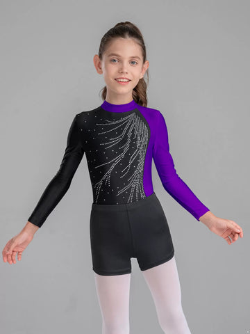 Justaucorps de gymnastique de danse à manches longues pour enfants filles avec ensembles de shorts