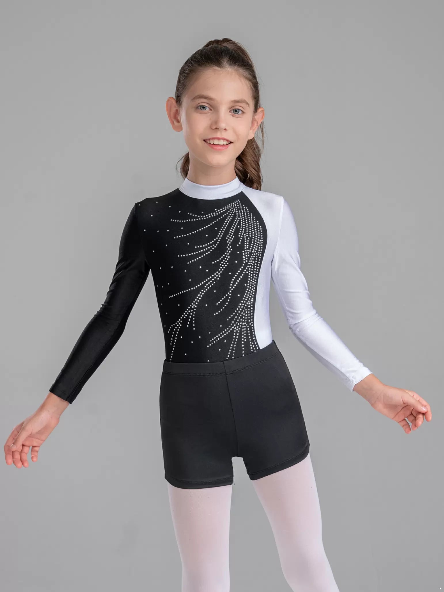 Justaucorps de gymnastique de danse à manches longues pour enfants filles avec ensembles de shorts