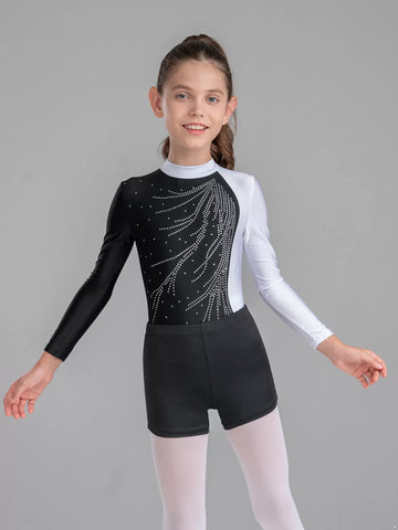 Body da ginnastica per ginnastica da ballo a maniche lunghe per bambina con set di pantaloncini