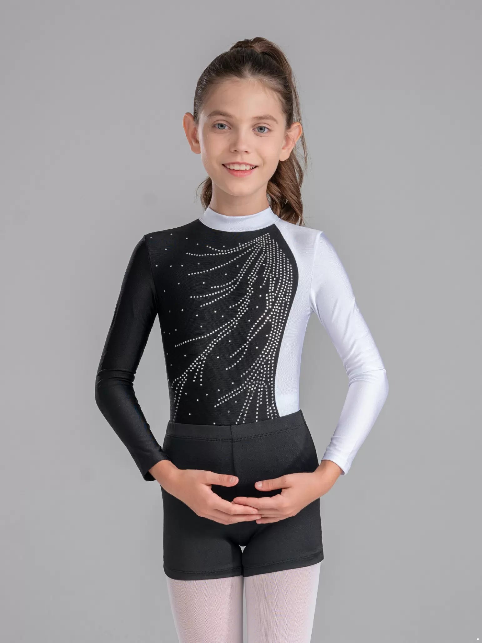 Justaucorps de gymnastique de danse à manches longues pour enfants filles avec ensembles de shorts