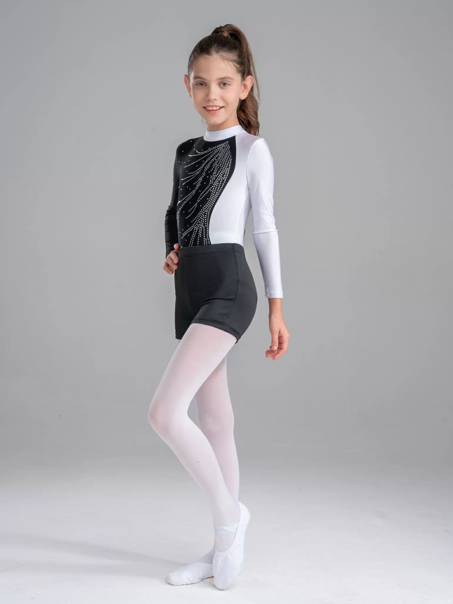 Body da ginnastica per ginnastica da ballo a maniche lunghe per bambina con set di pantaloncini