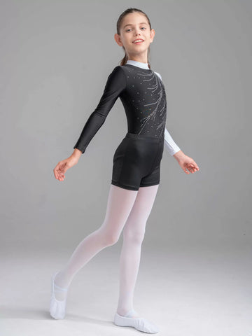 Justaucorps de gymnastique de danse à manches longues pour enfants filles avec ensembles de shorts